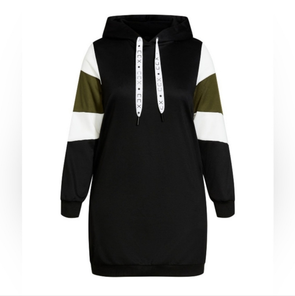City Chic Bronte Black and White Hooded Dress with Olive Accents